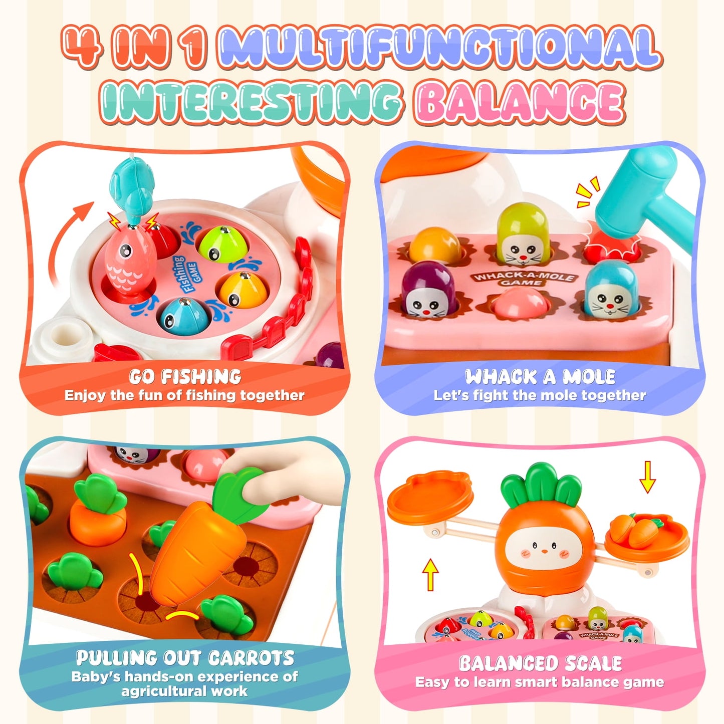 TOPLIVING Montessori Toys for 1 Year Old,Balance Scale for Kids with Whack A Mole Game,Carrot Harvest Game,Fishing,Preschool Learning Toys,Baby Toys Gift for 1 2 3 Years Old Boys & Girls