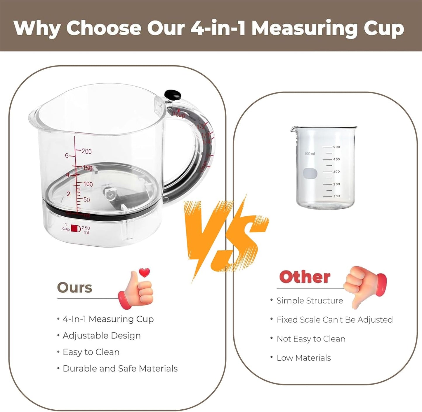 4 in1 Adjustable Measuring Cup with Scraper-Style Seal Base