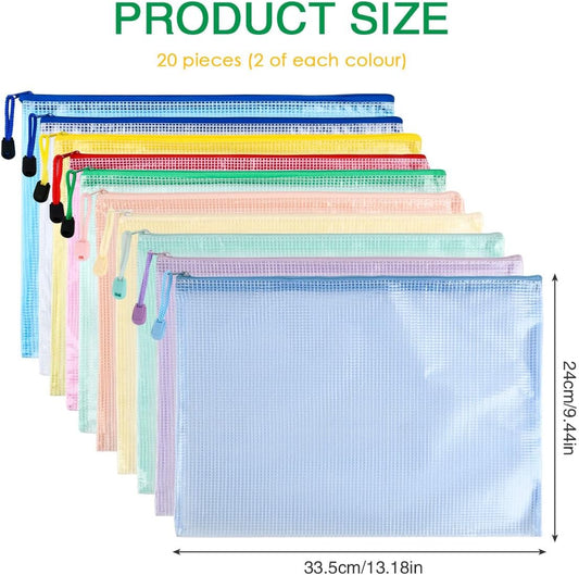 20 Pcs A4 Zip Wallets, 10 Colours A4 Clear Plastic Zip Wallets Folders