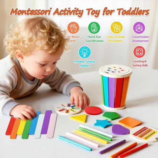 Montessori Toys for 1 2 3 years old, Toddlers Wooden Shape and Colour Sorting, Sensory Toy, Kids Travel Game for Airplane Car Journey, Fine Motor Skills, Cause and Effect Activities