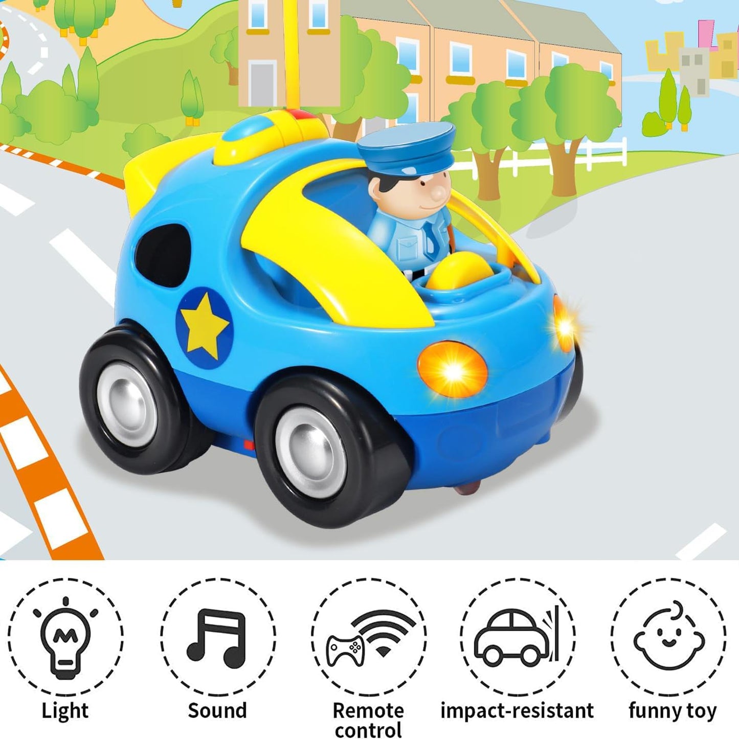 TOPLIVING Remote-Controlled Cartoon Police Car Toy with Lights and Music