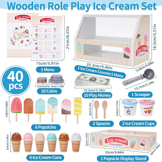 Wooden Ice Cream Counter Playset for Kids