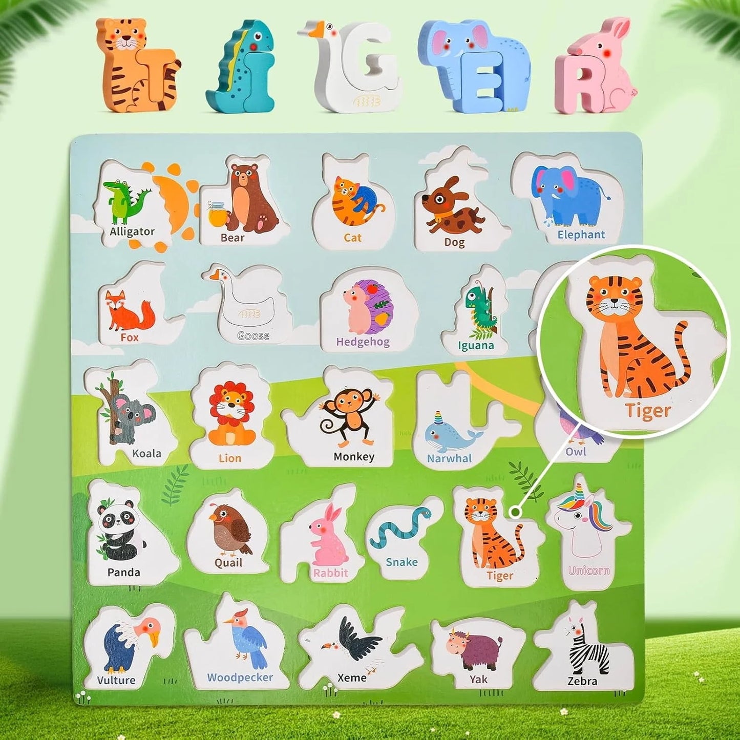 Wooden Alphabet Puzzles for Toddlers 1-3, ABC Puzzles with Spelling Board & Animals