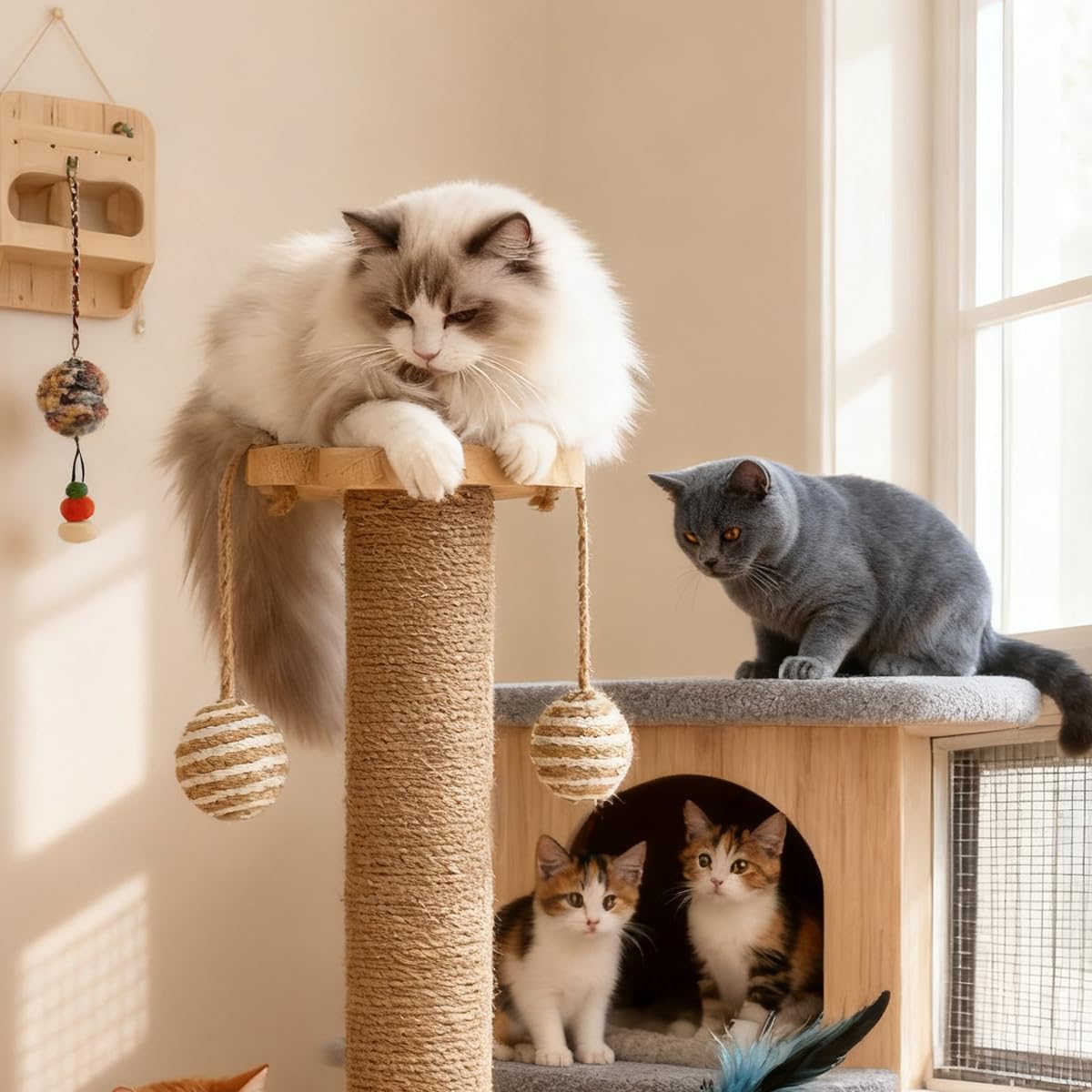 4 IN 1 Large Cat Scratching Post with Flower-Shaped Base, Natural Sisal Cat Tree