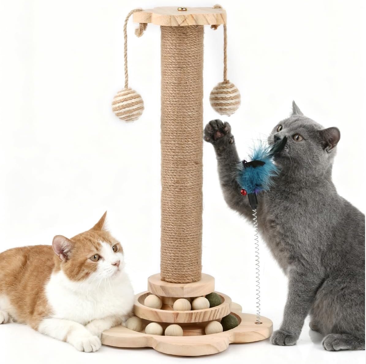 4 IN 1 Large Cat Scratching Post with Flower-Shaped Base, Natural Sisal Cat Tree