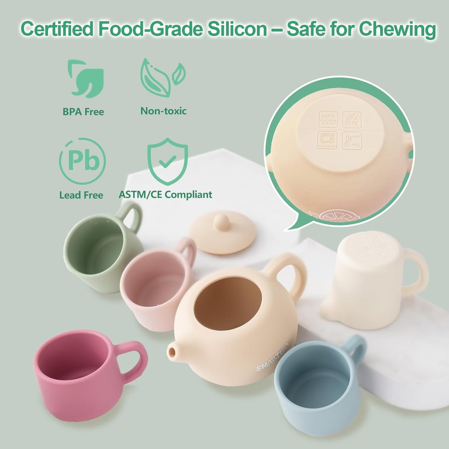Silicone Tea Set for Toddlers, Montessori Toy 1 2 3 Year Old, Baby Girl Boy Gift, Kid Role Play Picnic Tea Service, Outdoor Mud Kitchen Accessories, Cup and Teapot Playset for Pretend Party
