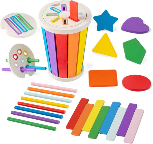 Montessori Toys for 1 2 3 years old, Toddlers Wooden Shape and Colour Sorting, Sensory Toy, Kids Travel Game for Airplane Car Journey, Fine Motor Skills, Cause and Effect Activities