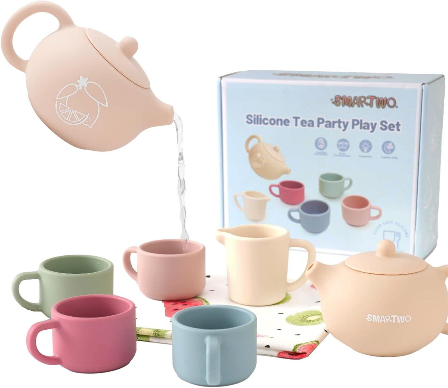Silicone Tea Set for Toddlers, Montessori Toy 1 2 3 Year Old, Baby Girl Boy Gift, Kid Role Play Picnic Tea Service, Outdoor Mud Kitchen Accessories, Cup and Teapot Playset for Pretend Party