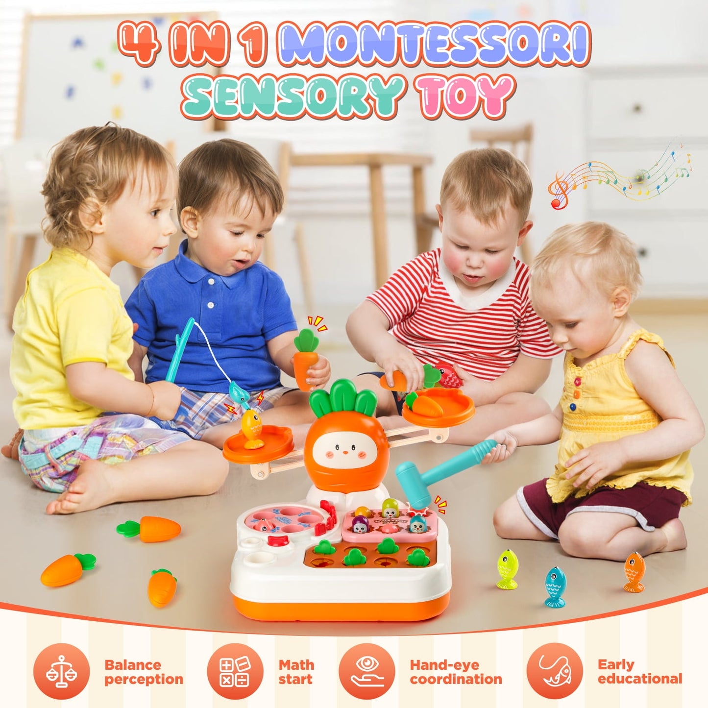 TOPLIVING Montessori Toys for 1 Year Old,Balance Scale for Kids with Whack A Mole Game,Carrot Harvest Game,Fishing,Preschool Learning Toys,Baby Toys Gift for 1 2 3 Years Old Boys & Girls