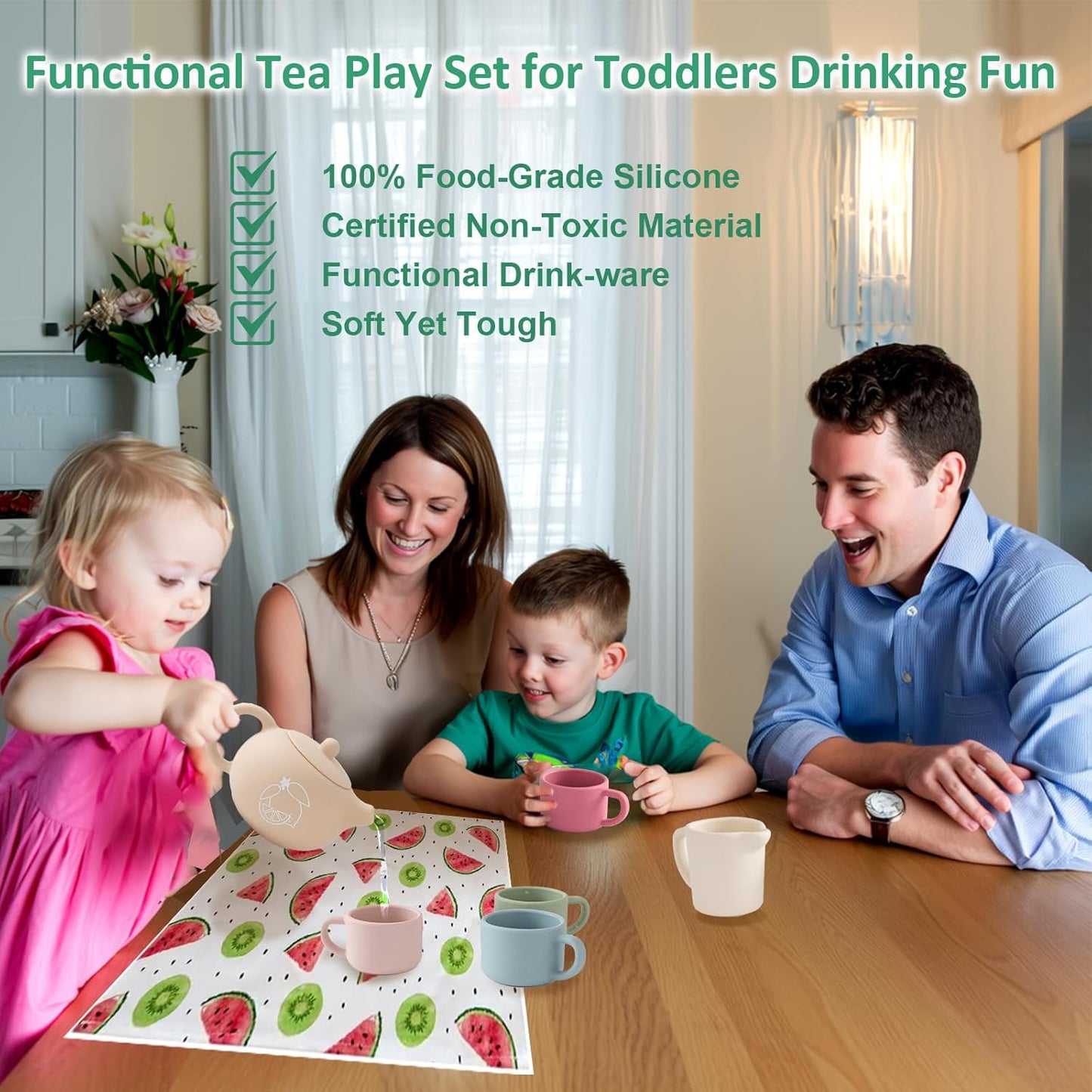 Silicone Tea Set for Toddlers, Montessori Toy 1 2 3 Year Old, Baby Girl Boy Gift, Kid Role Play Picnic Tea Service, Outdoor Mud Kitchen Accessories, Cup and Teapot Playset for Pretend Party