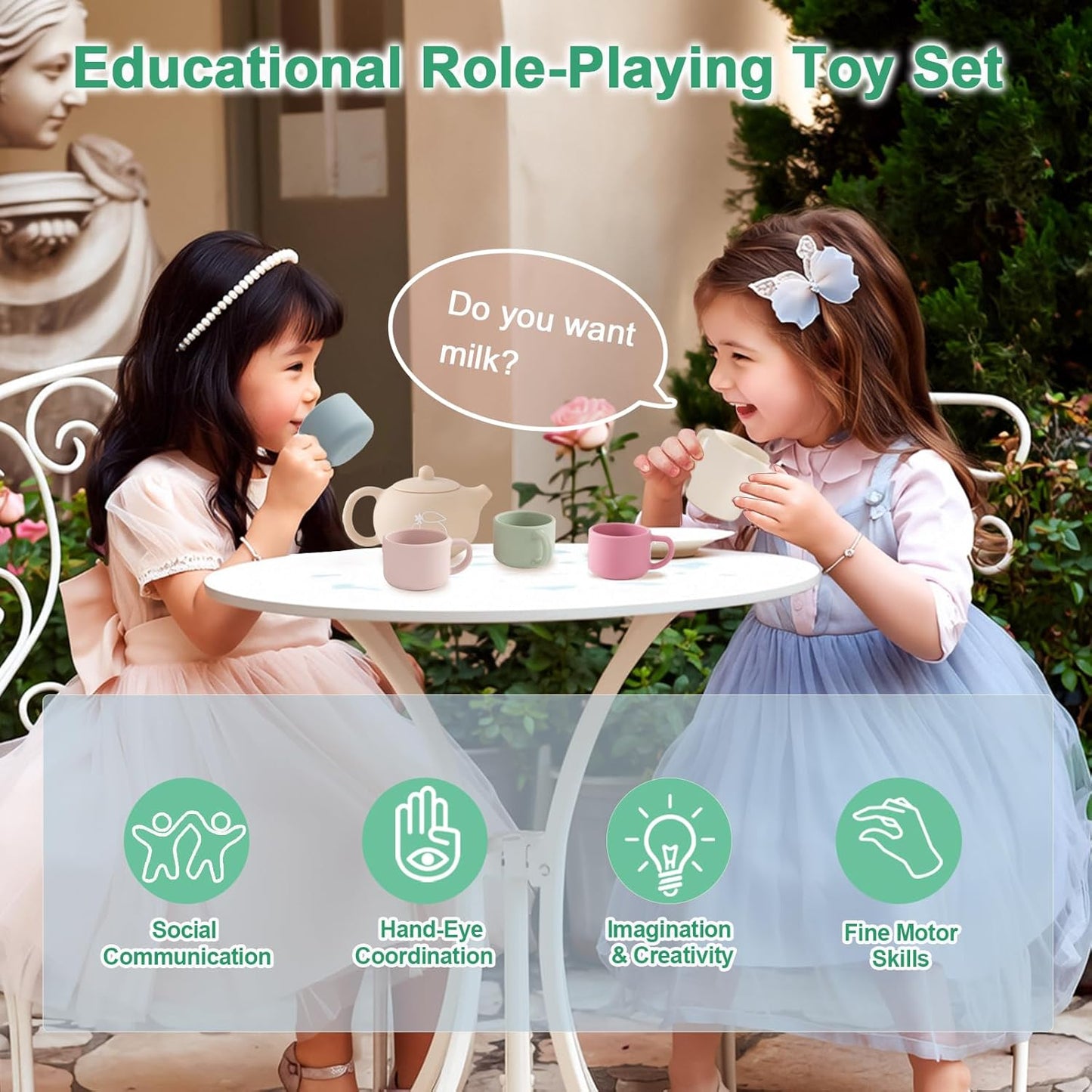 Silicone Tea Set for Toddlers, Montessori Toy 1 2 3 Year Old, Baby Girl Boy Gift, Kid Role Play Picnic Tea Service, Outdoor Mud Kitchen Accessories, Cup and Teapot Playset for Pretend Party