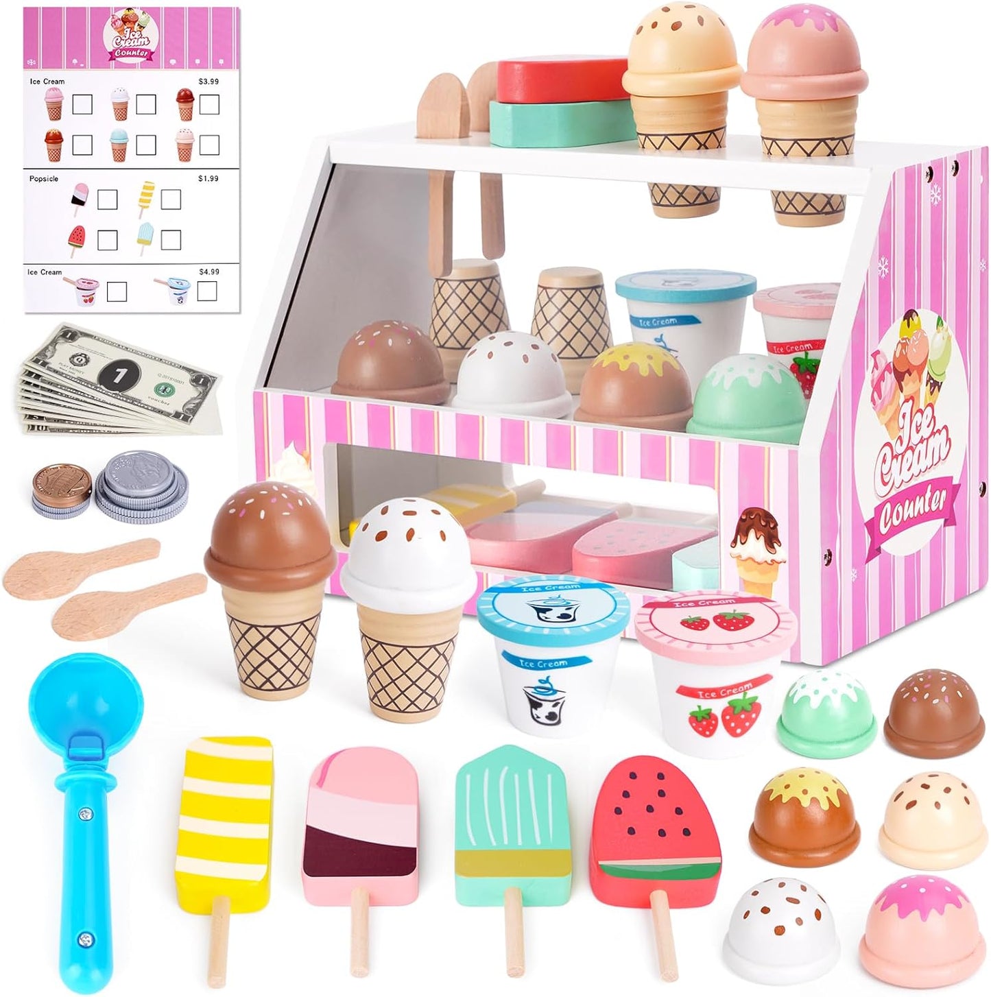Ice Cream Toy, Wooden Pretend Play Toys Play Store for Kids, Wooden Ice Cream Play Set with Scoop, Menu, Fake Money, Ice Cream Toys Play Kitchen Food Gifts for 3 4 5 6 Year Old Toddlers Girls Boys