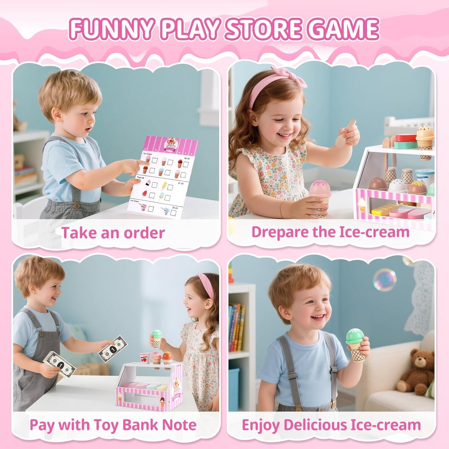 Ice Cream Toy, Wooden Pretend Play Toys Play Store for Kids, Wooden Ice Cream Play Set with Scoop, Menu, Fake Money, Ice Cream Toys Play Kitchen Food Gifts for 3 4 5 6 Year Old Toddlers Girls Boys