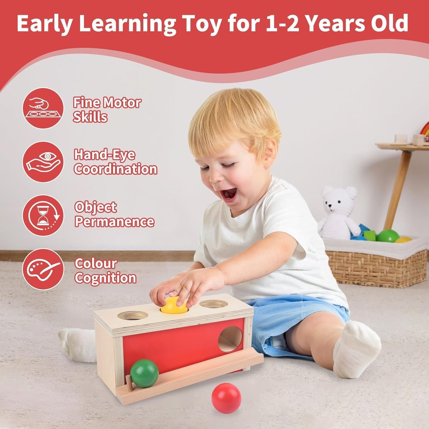 Montessori Object Permanence Box for Baby, Wooden Ball Drop Toy for Toddlers 1 2 Year Old, Early Learning Activities, Educational Cause and Effect Game, Gift for Boys Girls 6 9 12 18 Months