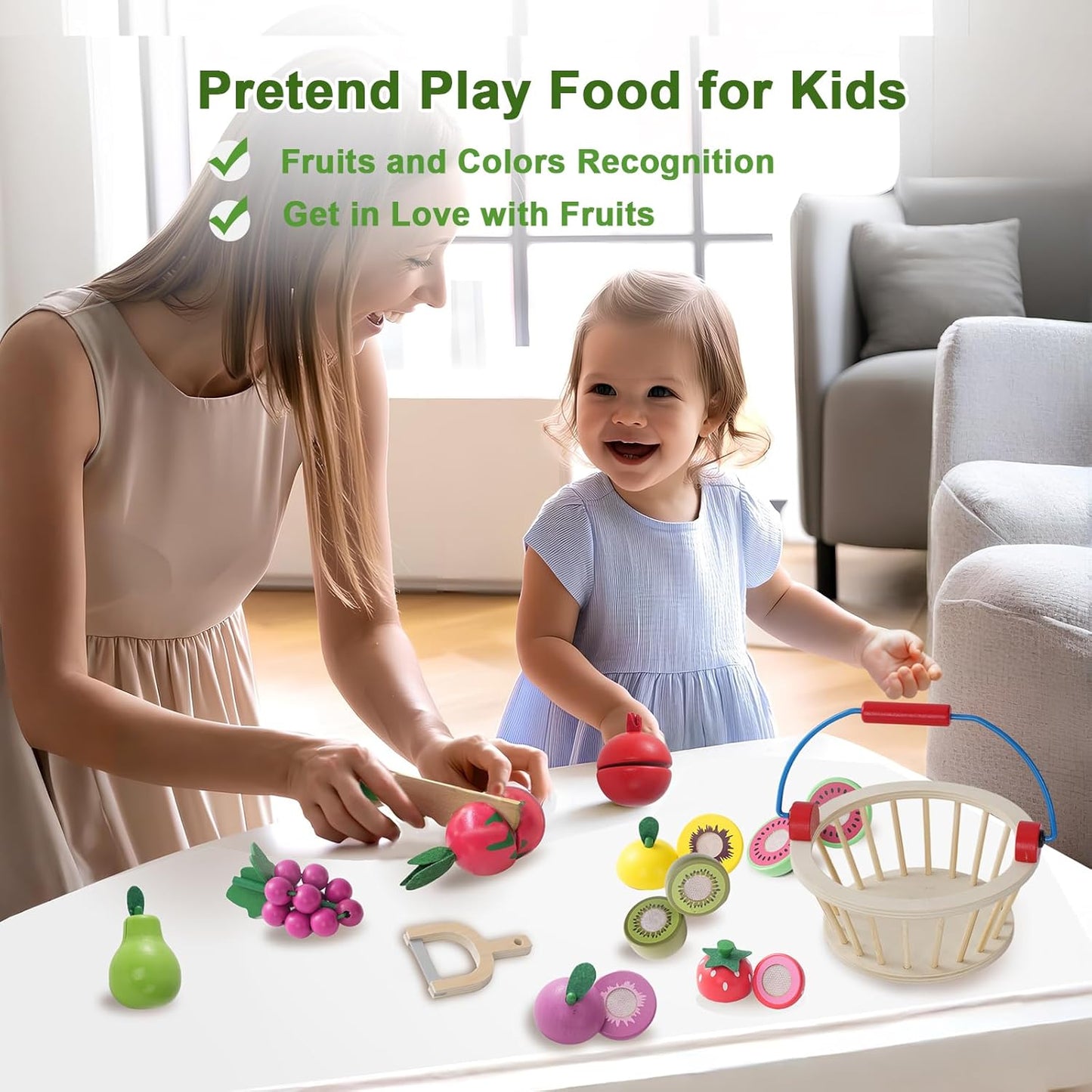 Wooden Fruits Cutting Toys, Pretend Play Food Sets with Wooden Basket for Children Kitchen, Kids Supermarket Game Accessories, Picnic Role Play, Gift For Toddler Boys Girls 3+ Years old