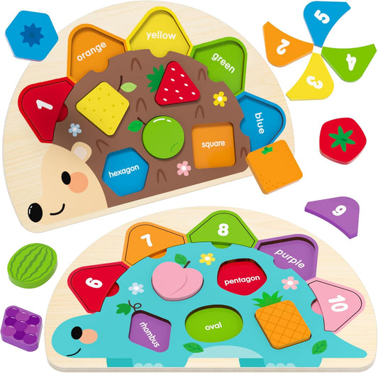 Montessori Toys for 1 2 3 Year Old, Wooden Puzzles Dinosaur Hedgehog Toy for Toddlers, Shape Sorter & Color Match Toddler Puzzles, Baby Puzzle Learning Toys Christmas Birthday Gifts for Girls Boys