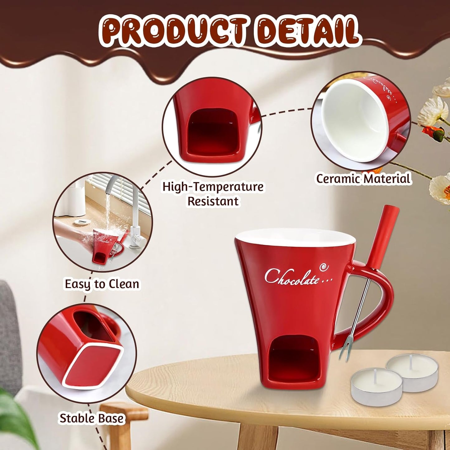 Chocolate Fondue Mug with 6pcs Candles 200ml Ceramic Chocolate Fondue Cup