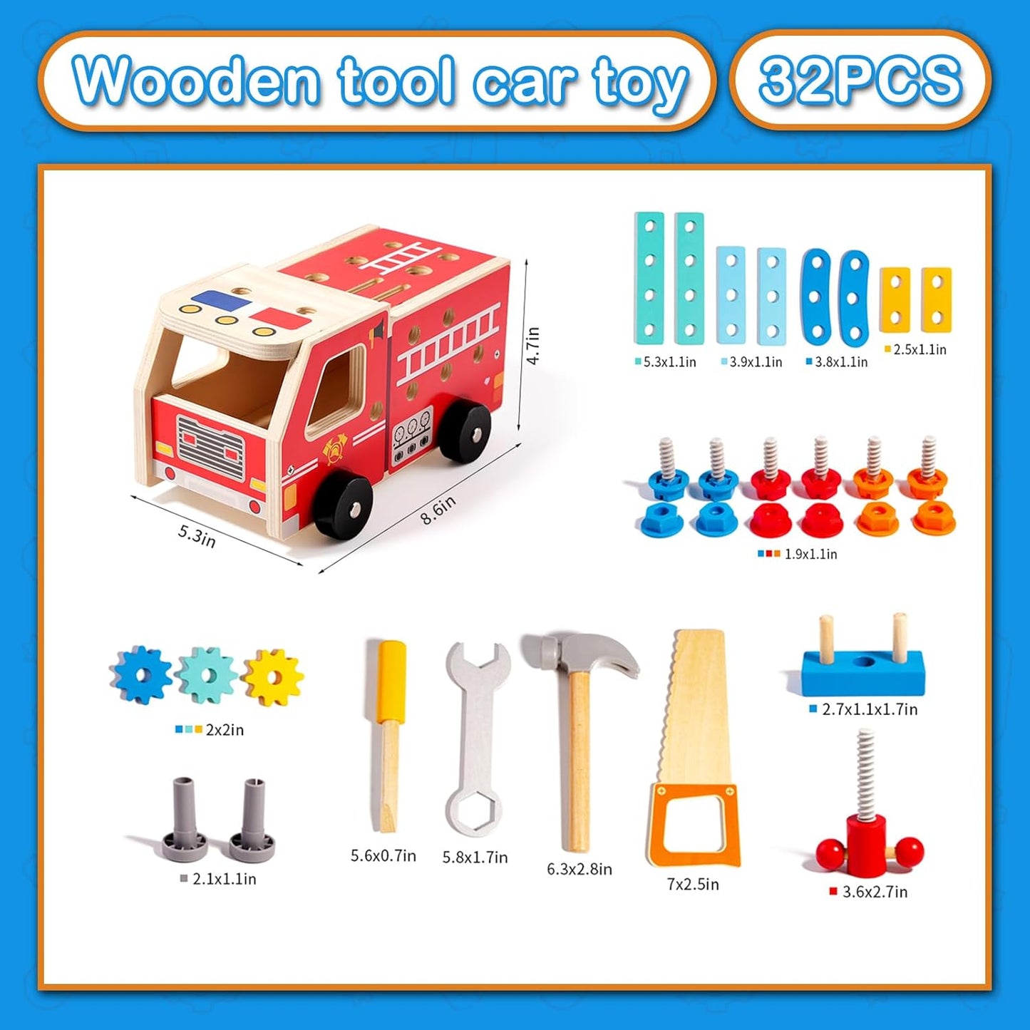 Wooden Kids Tool Set, 32-Piece Montessori Toy for Children Ages 2 3 4 5, Durable Skill-Building Activity Set to Enhance Creativity & Hand Coordination, Pretend Play Tool Kits