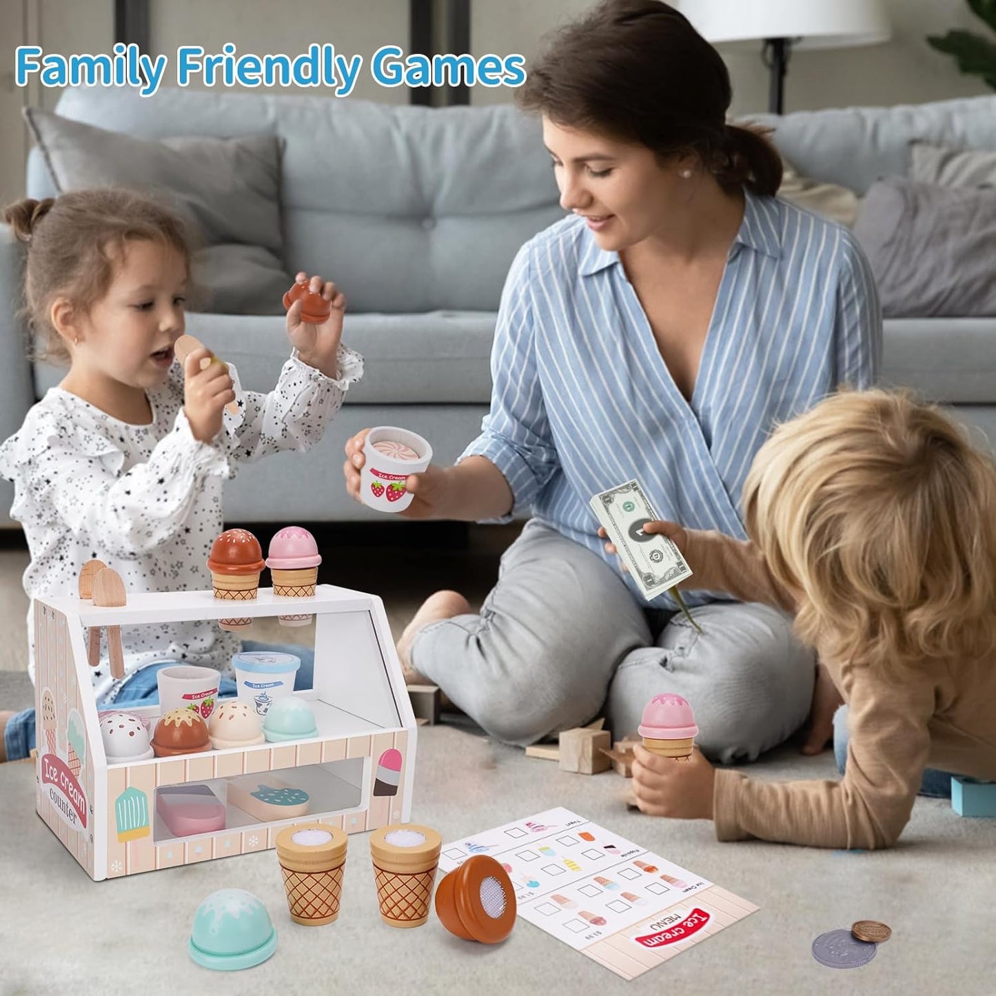 Wooden Ice Cream Counter Playset for Kids