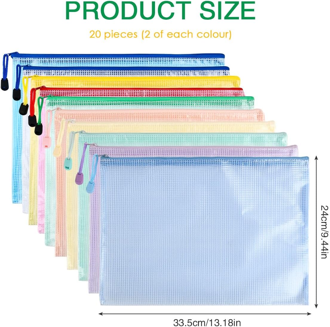 20 Pcs A4 Zip Wallets, 10 Colours A4 Clear Plastic Zip Wallets Folders