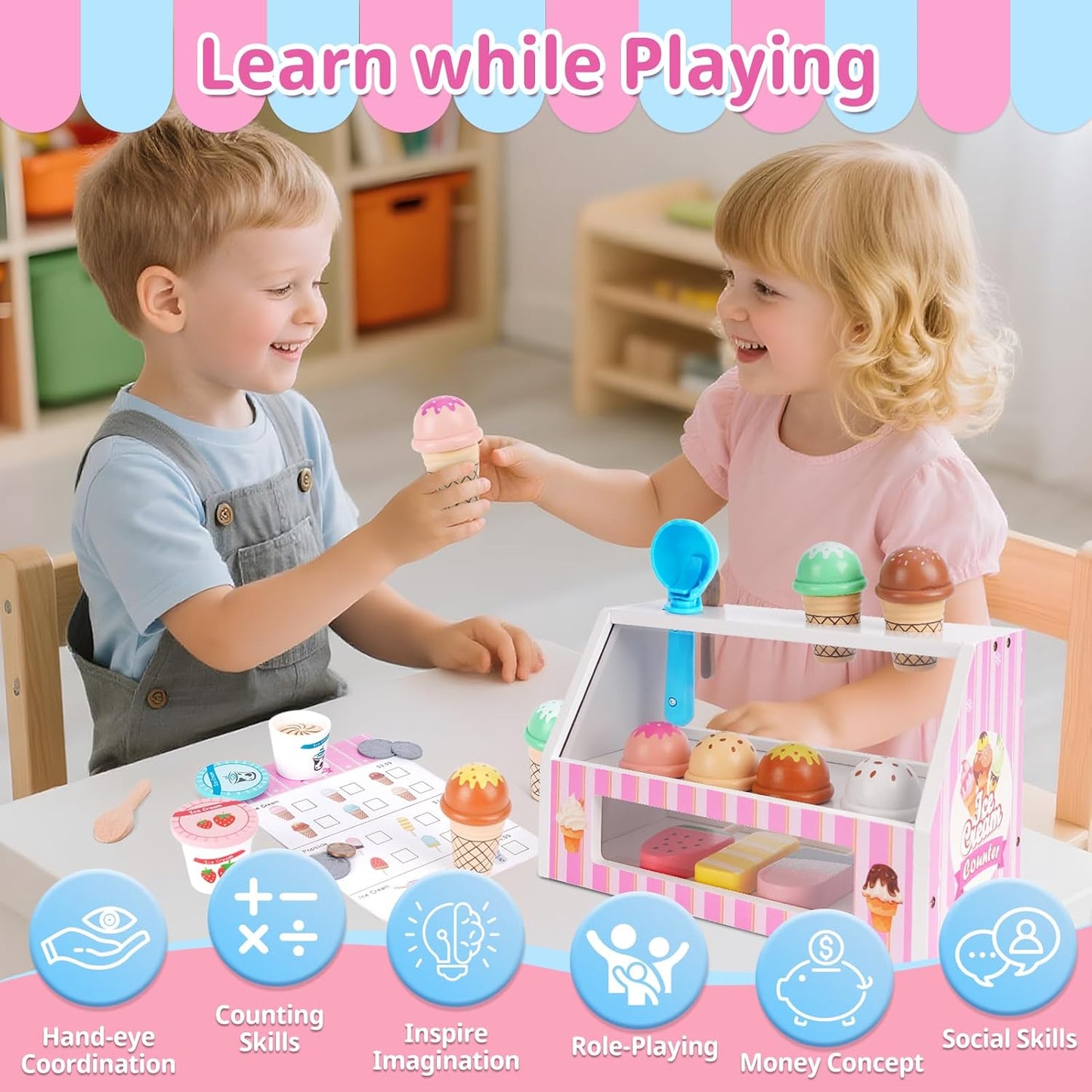 Ice Cream Toy, Wooden Pretend Play Toys Play Store for Kids, Wooden Ice Cream Play Set with Scoop, Menu, Fake Money, Ice Cream Toys Play Kitchen Food Gifts for 3 4 5 6 Year Old Toddlers Girls Boys