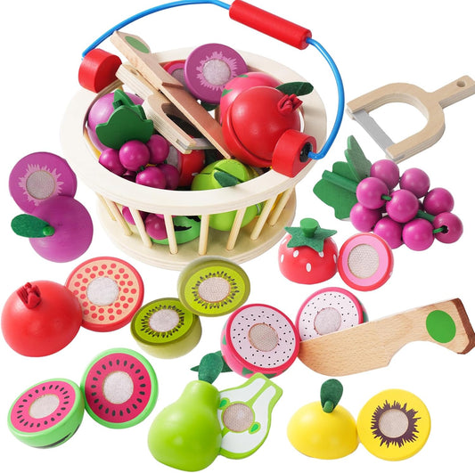 Wooden Fruits Cutting Toys, Pretend Play Food Sets with Wooden Basket for Children Kitchen, Kids Supermarket Game Accessories, Picnic Role Play, Gift For Toddler Boys Girls 3+ Years old