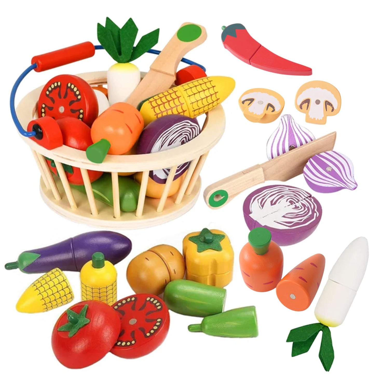 Wooden Fruits Cutting Toys, Pretend Play Food Sets with Wooden Basket for Children Kitchen, Kids Supermarket Game Accessories, Picnic Role Play, Gift For Toddler Boys Girls 3+ Years old