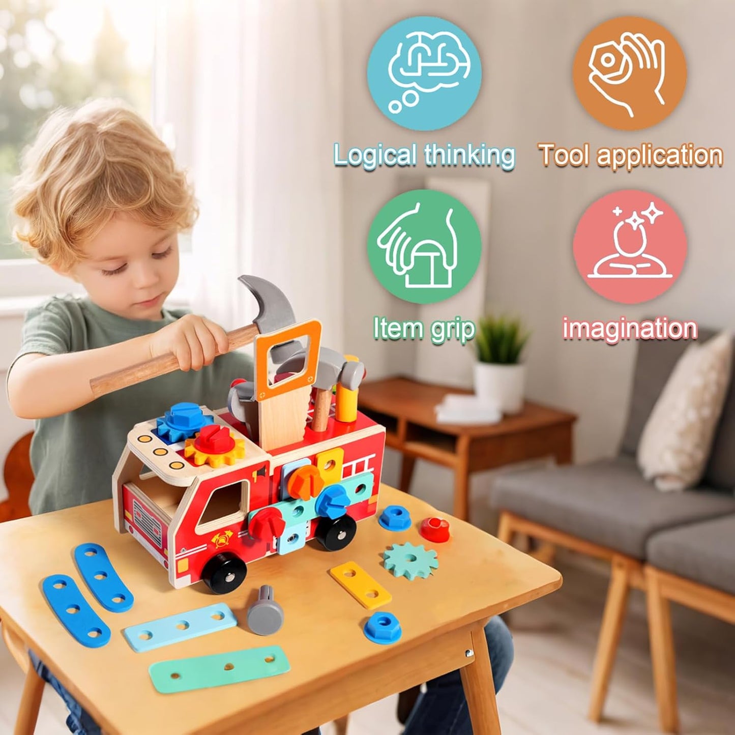 Wooden Kids Tool Set, 32-Piece Montessori Toy for Children Ages 2 3 4 5, Durable Skill-Building Activity Set to Enhance Creativity & Hand Coordination, Pretend Play Tool Kits