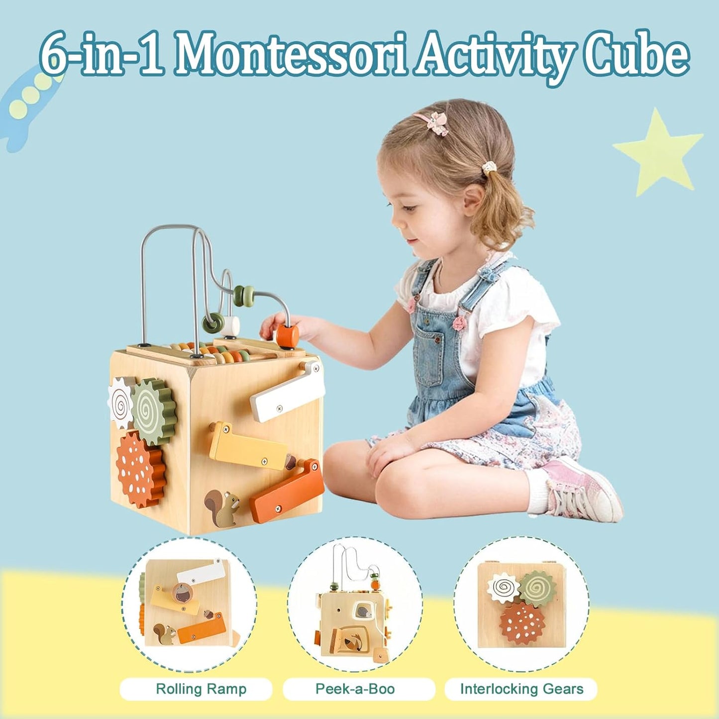 Montessori Toys for 1 2 3 4 years old, Wooden Activity Cube, Shape Sorter, Drop and Roll Toy, First Birthday Gifts for Bay Boy Girl, Toddler Fine Motor Skills, Educational Learning Activities