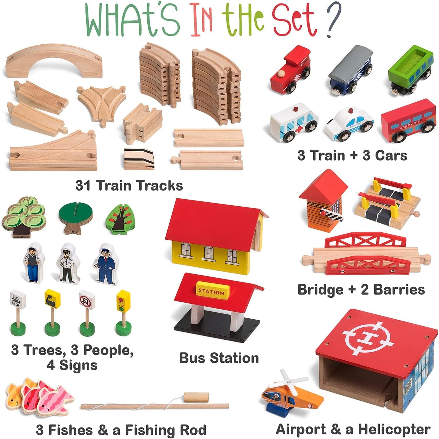 Wooden Train Set - 69 Pieces Wooden Train Tracks & Trains