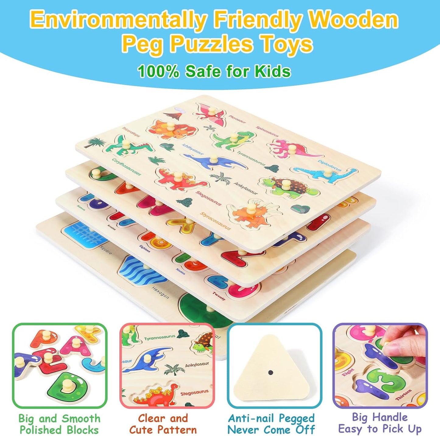 Montessori Wooden Peg Puzzles for Toddlers 3 4 5 Year Old, 4 Pcs Kids Educational Toys Preschool Learning Activities-Alphabet, Shape, Number and Dinosaur, Baby Puzzle Gifts for Boys Girls
