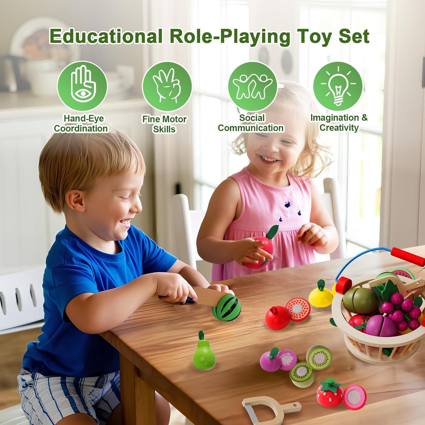 Wooden Fruits Cutting Toys, Pretend Play Food Sets with Wooden Basket for Children Kitchen, Kids Supermarket Game Accessories, Picnic Role Play, Gift For Toddler Boys Girls 3+ Years old