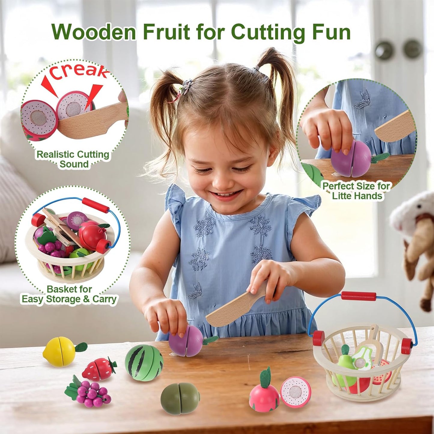 Wooden Fruits Cutting Toys, Pretend Play Food Sets with Wooden Basket for Children Kitchen, Kids Supermarket Game Accessories, Picnic Role Play, Gift For Toddler Boys Girls 3+ Years old