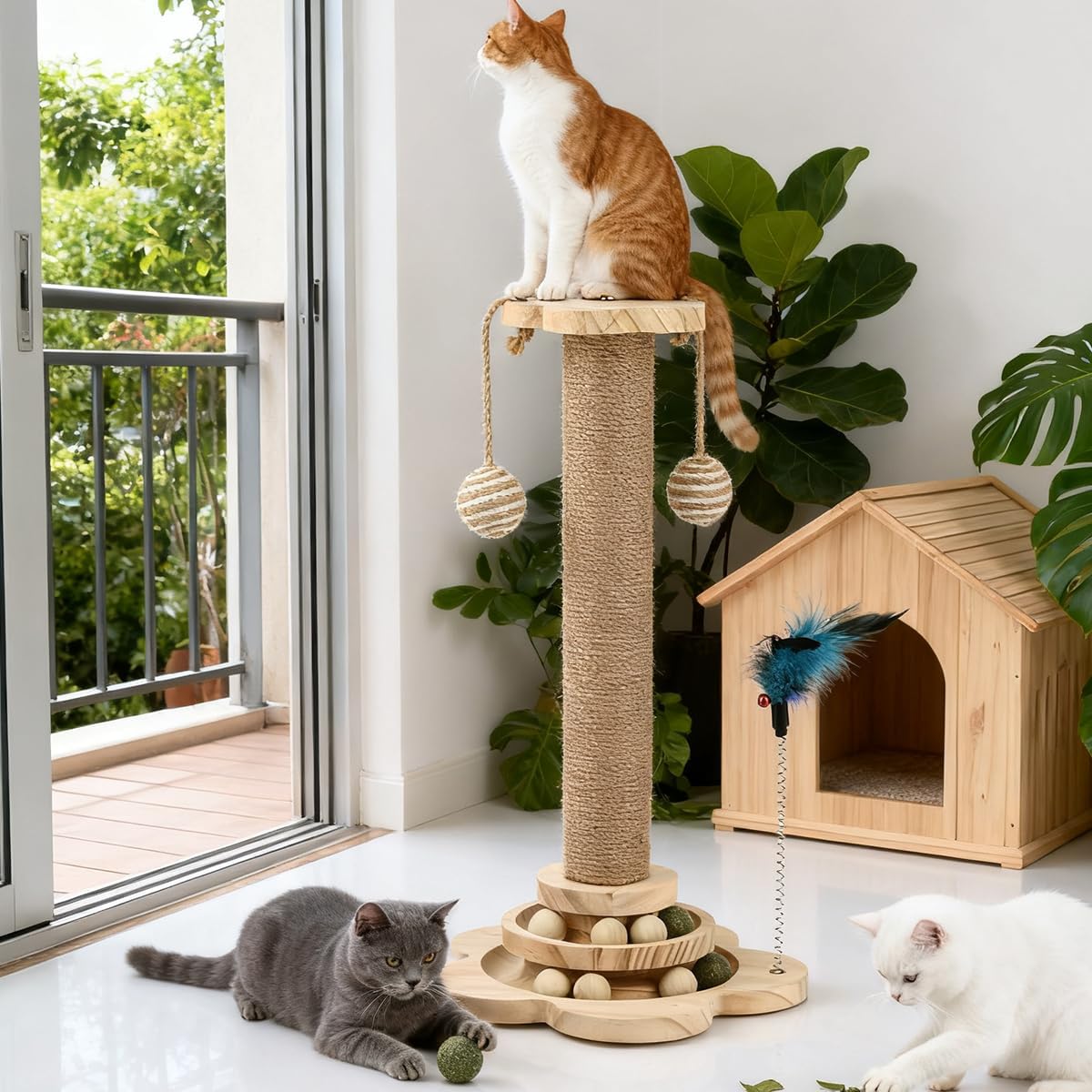 4 IN 1 Large Cat Scratching Post with Flower-Shaped Base, Natural Sisal Cat Tree