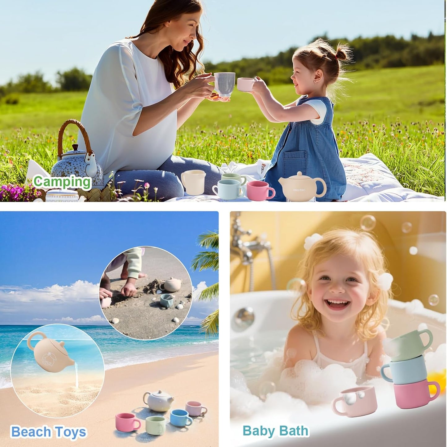 Silicone Tea Set for Toddlers, Montessori Toy 1 2 3 Year Old, Baby Girl Boy Gift, Kid Role Play Picnic Tea Service, Outdoor Mud Kitchen Accessories, Cup and Teapot Playset for Pretend Party