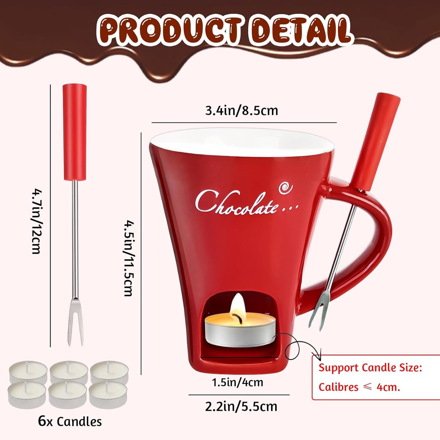 Chocolate Fondue Mug with 6pcs Candles 200ml Ceramic Chocolate Fondue Cup