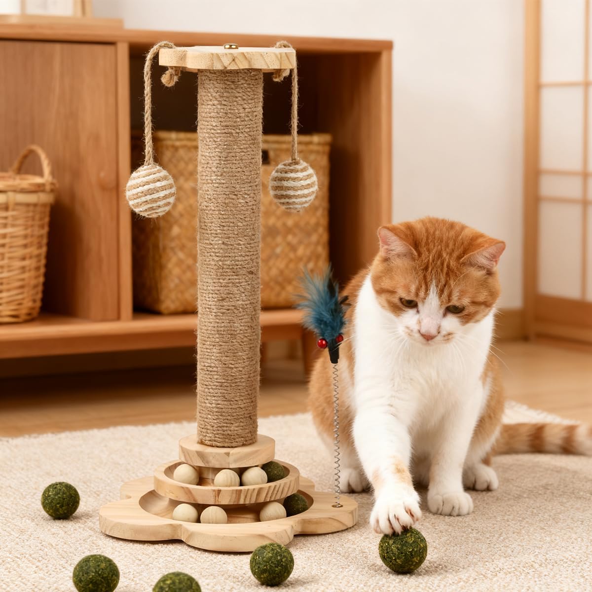 4 IN 1 Large Cat Scratching Post with Flower-Shaped Base, Natural Sisal Cat Tree