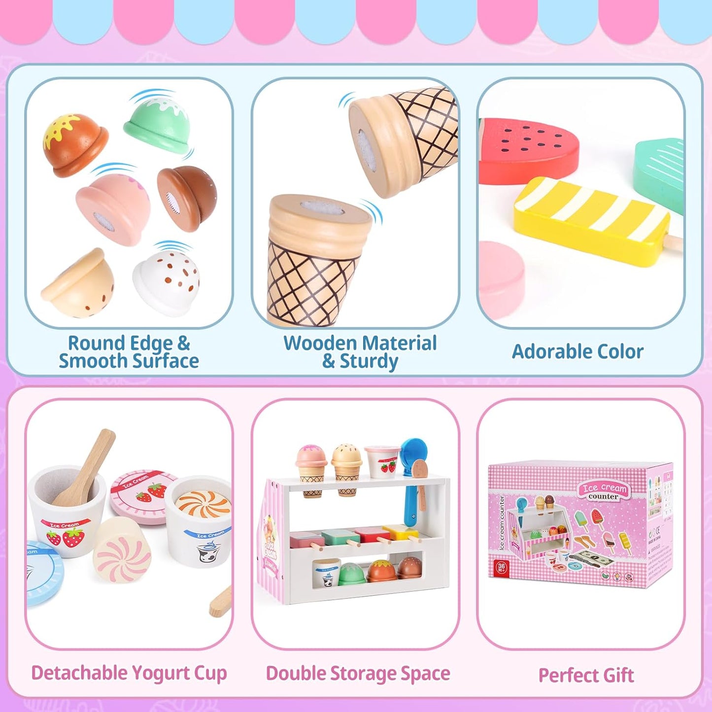 Ice Cream Toy, Wooden Pretend Play Toys Play Store for Kids, Wooden Ice Cream Play Set with Scoop, Menu, Fake Money, Ice Cream Toys Play Kitchen Food Gifts for 3 4 5 6 Year Old Toddlers Girls Boys