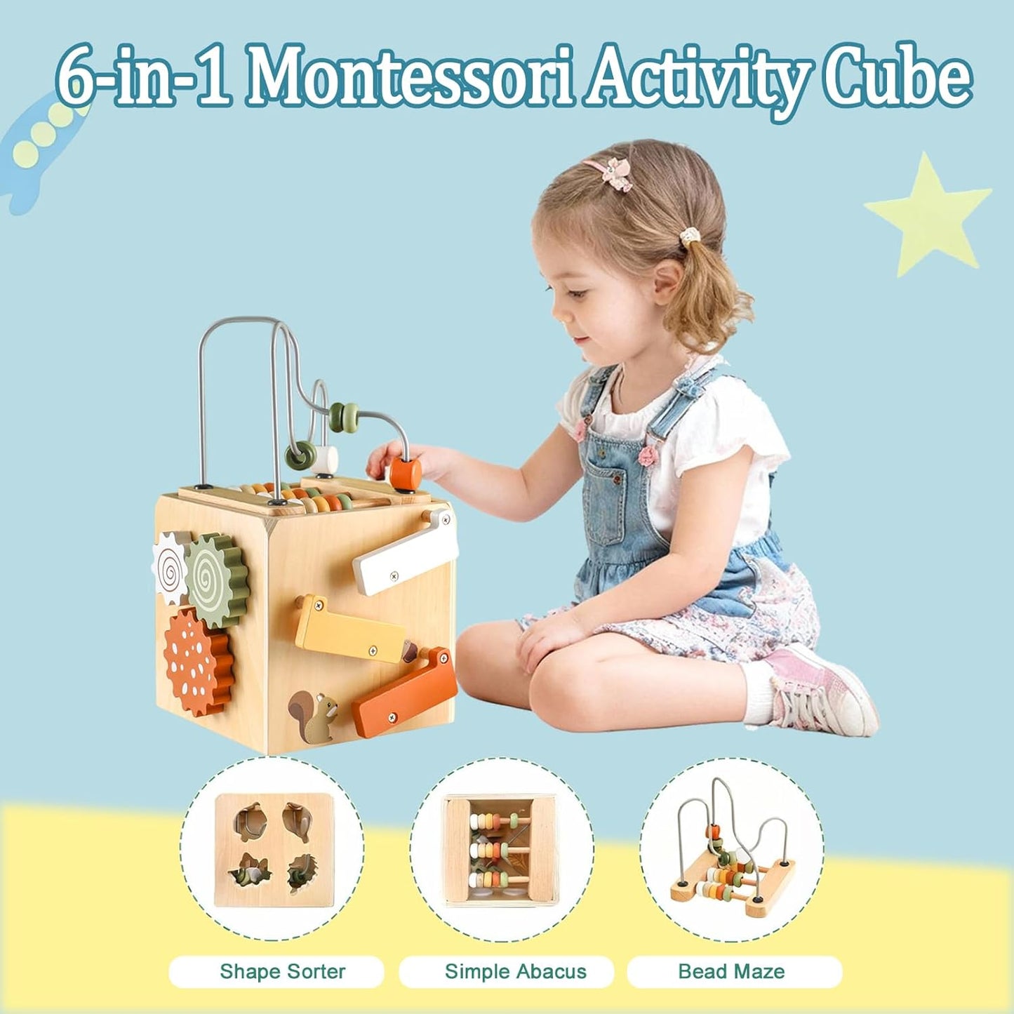 Montessori Toys for 1 2 3 4 years old, Wooden Activity Cube, Shape Sorter, Drop and Roll Toy, First Birthday Gifts for Bay Boy Girl, Toddler Fine Motor Skills, Educational Learning Activities
