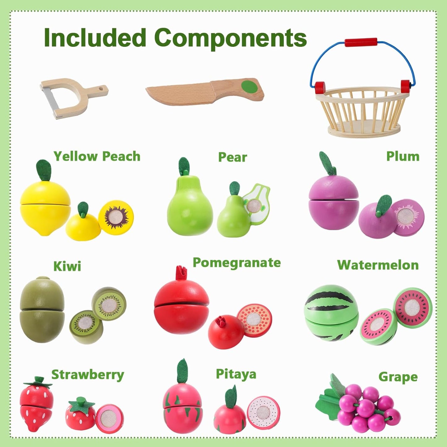Wooden Fruits Cutting Toys, Pretend Play Food Sets with Wooden Basket for Children Kitchen, Kids Supermarket Game Accessories, Picnic Role Play, Gift For Toddler Boys Girls 3+ Years old