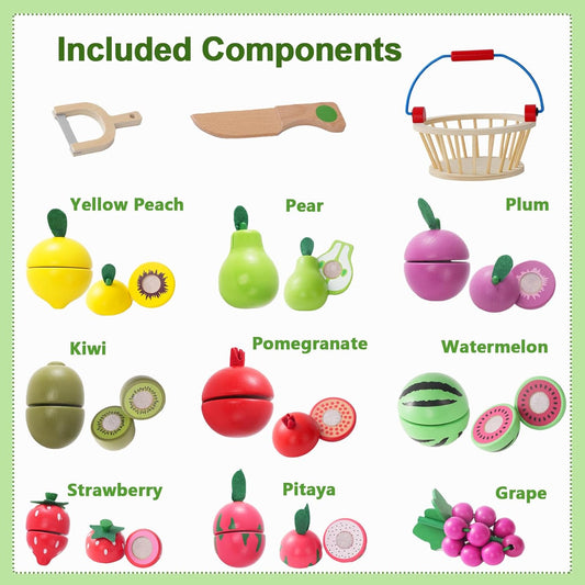 Wooden Fruits Cutting Toys, Pretend Play Food Sets with Wooden Basket for Children Kitchen, Kids Supermarket Game Accessories, Picnic Role Play, Gift For Toddler Boys Girls 3+ Years old