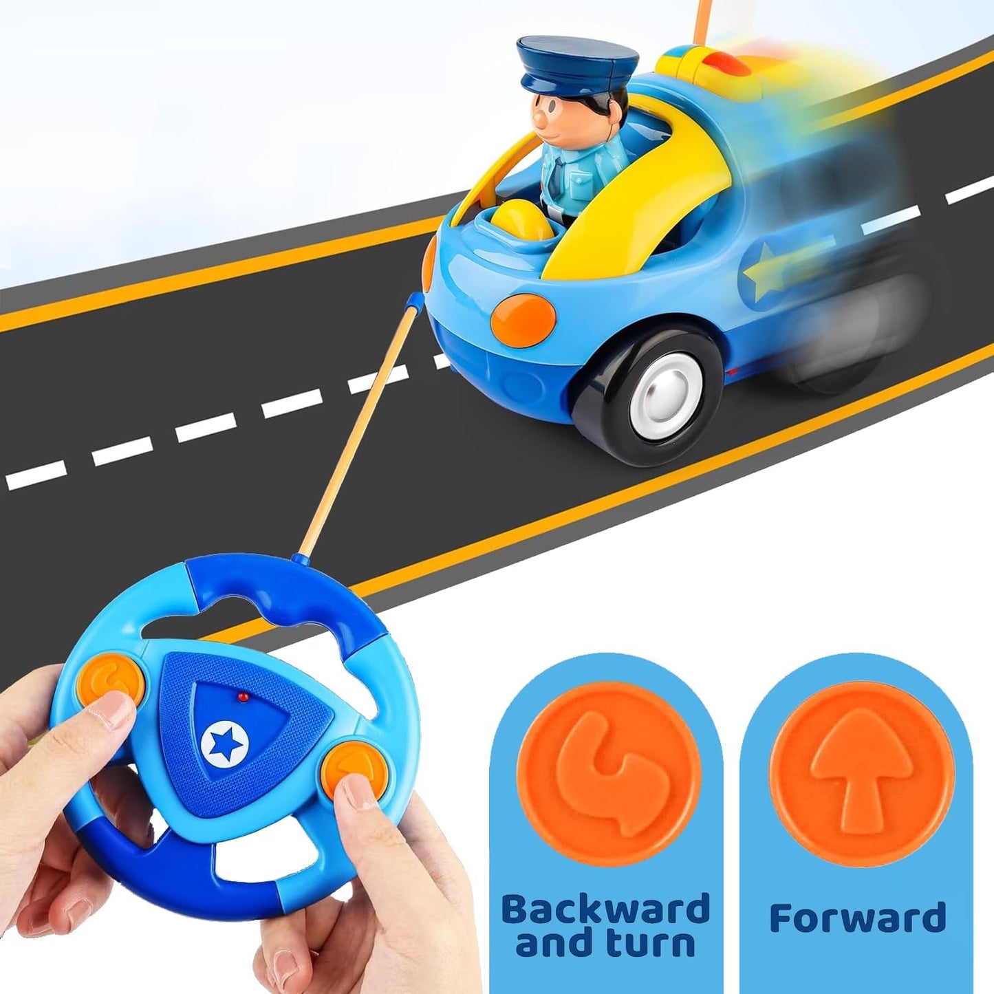 TOPLIVING Remote-Controlled Cartoon Police Car Toy with Lights and Music