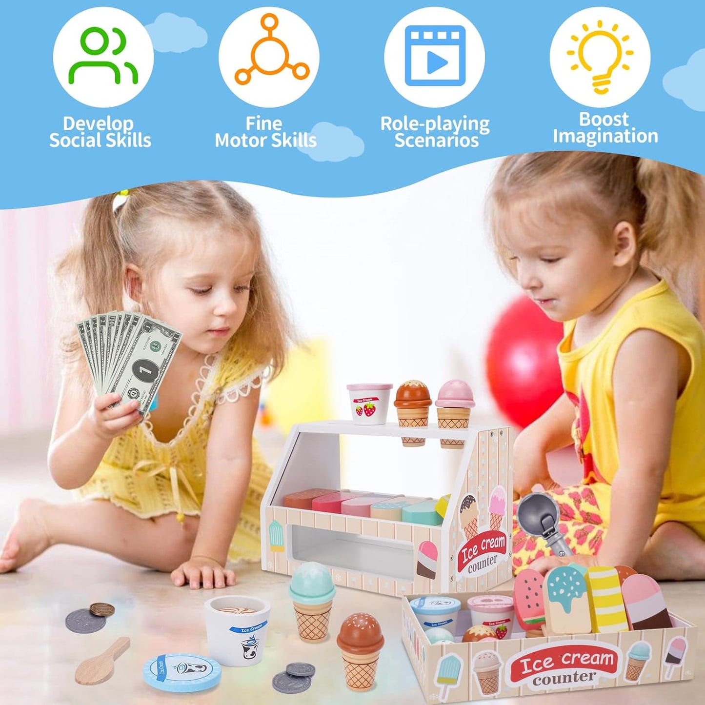 Wooden Ice Cream Counter Playset for Kids