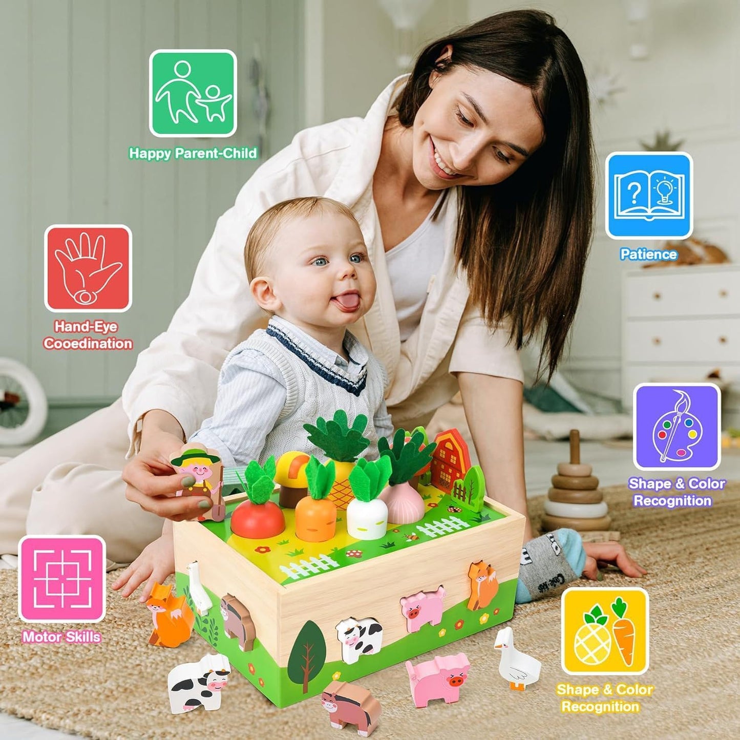 Montessori Toddler Wooden Toys for 1 2 3 Year Old Boys Girls,Wooden Farm Educational Toys,1st Birthday Gifts for Baby Boys Girls,Sensory Toddler Toys for 1 2 3 Year Old