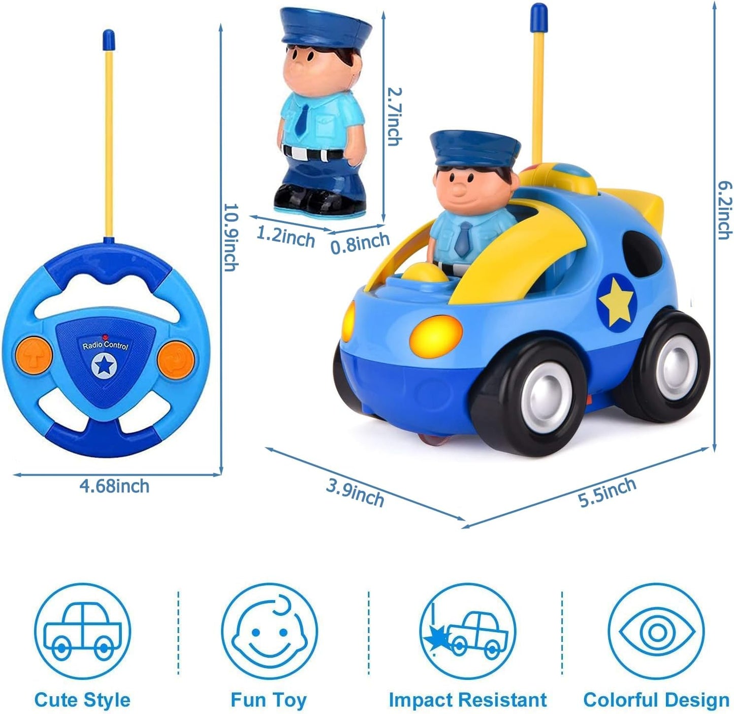 TOPLIVING Remote-Controlled Cartoon Police Car Toy with Lights and Music