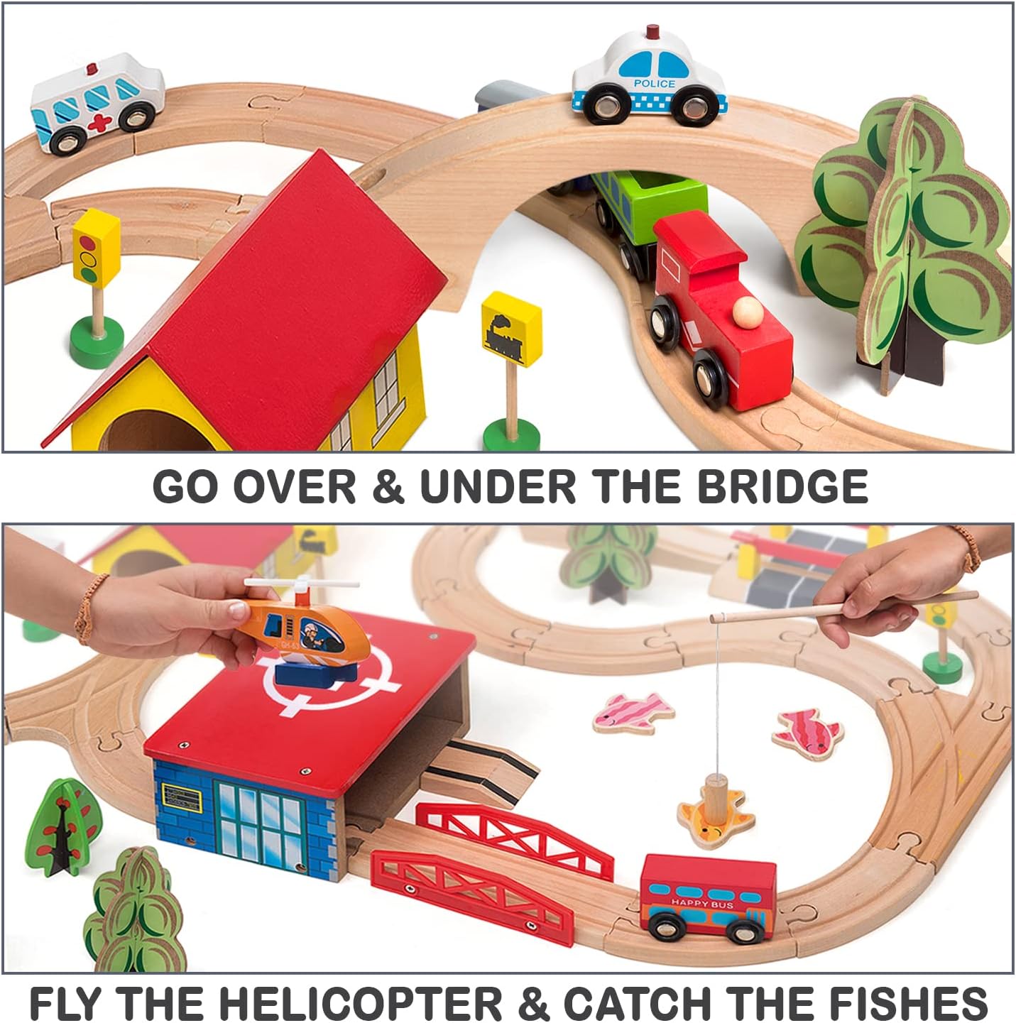Wooden Train Set - 69 Pieces Wooden Train Tracks & Trains