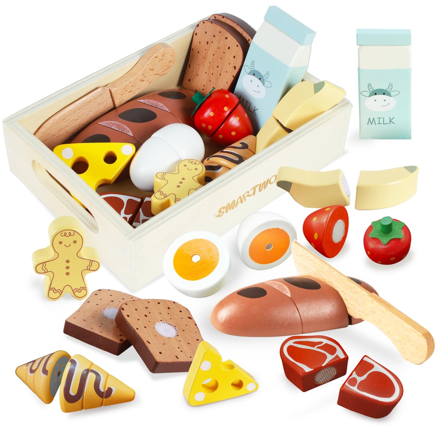 Wooden Fruits Cutting Toys, Pretend Play Food Sets with Wooden Basket for Children Kitchen, Kids Supermarket Game Accessories, Picnic Role Play, Gift For Toddler Boys Girls 3+ Years old