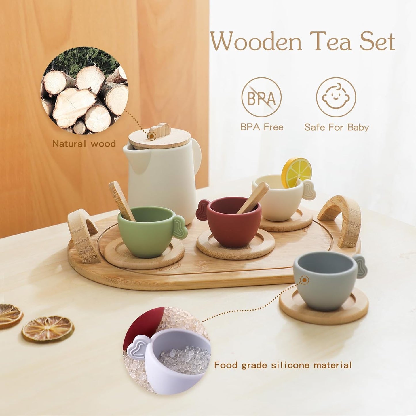 Wooden Tea Party Set for Toddler 3-5