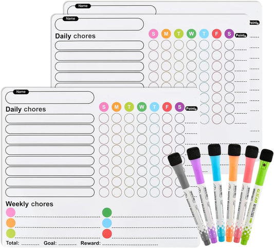 3PCS Magnetic Chores Chart for Kids with 6PCS Fine Tip Markers