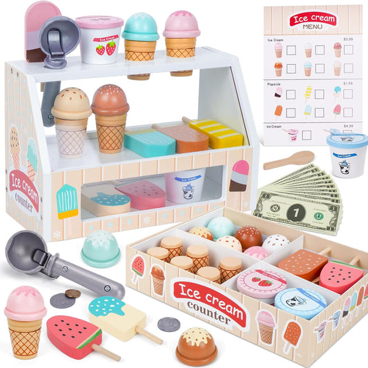 Wooden Ice Cream Counter Playset for Kids